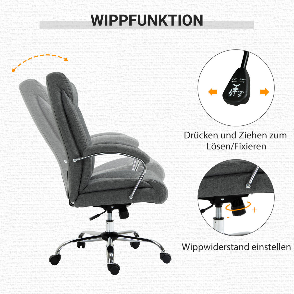 BÜROSTUHL mit Wippfunktion Höhenverstellbarer Schreibtischstuhl Drehstuhl Stahl - Grau, Kunststoff (78/118/65cm) - Vinsetto