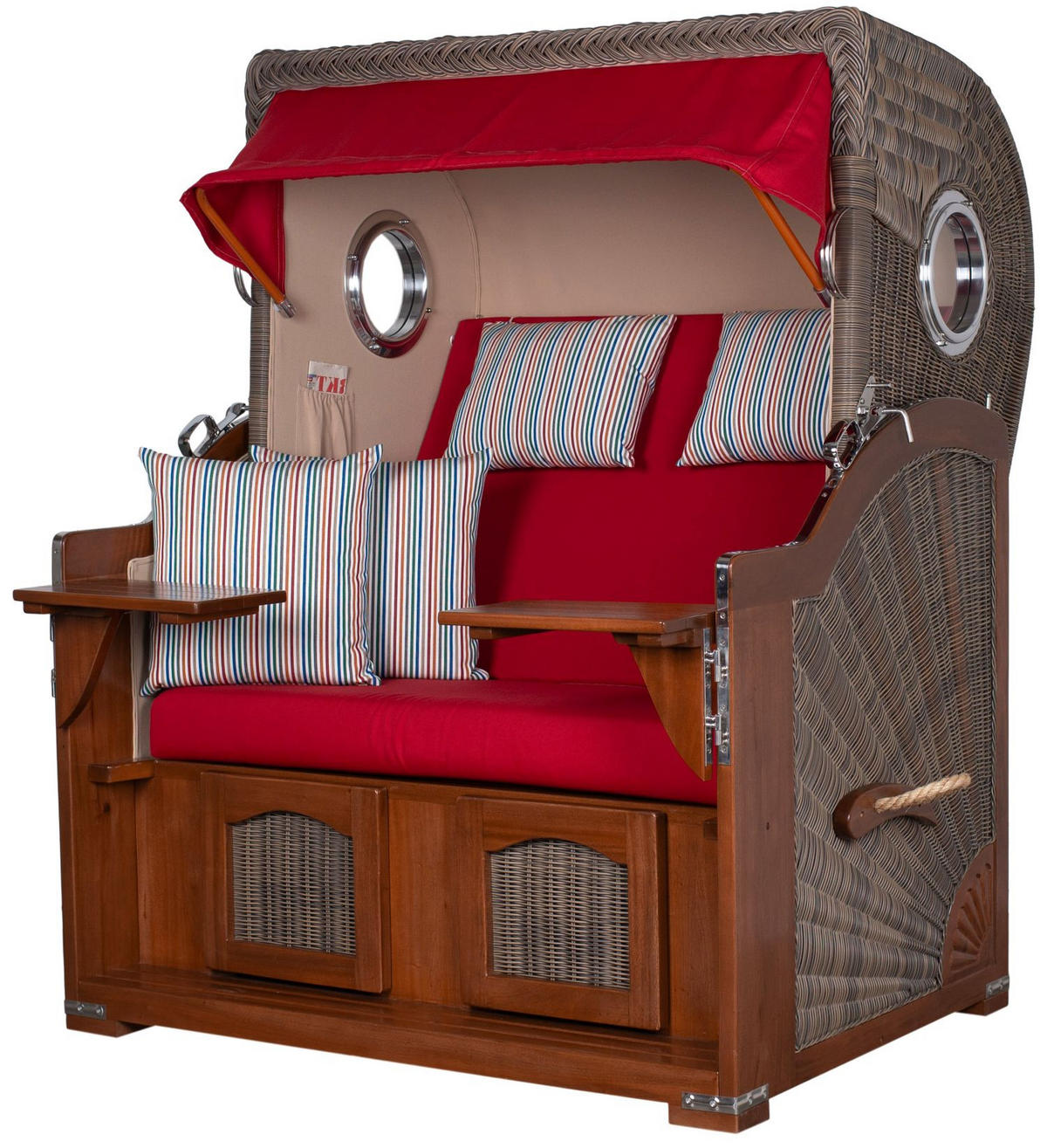 STRANDKORB Komplettset: Ammersee Mahagoni Bullauge - PE grau - Modell 585 - Beige/Rot, Holz/Kunststoff (125/165/80cm) - bene living