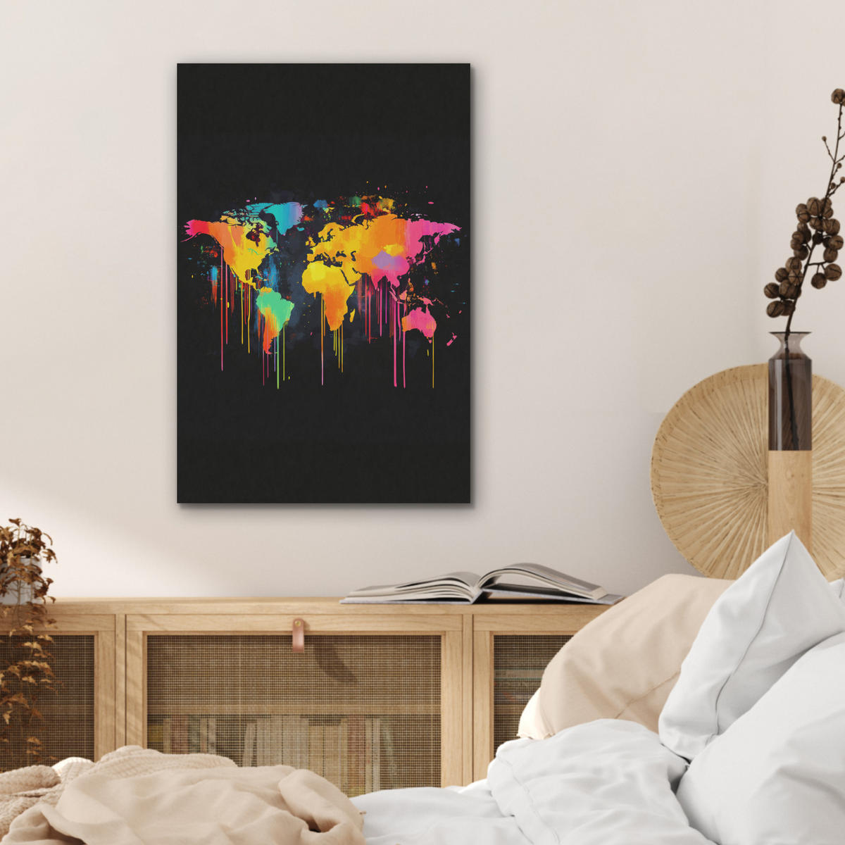AKUSTIKBILD Weltkarte - Farbe - Bunt - Graffiti - Welt Kunstdruck Schlafzimmer 50x70 cm - Multicolor, Kunststoff (50/70/0.9cm) - MuchoWow