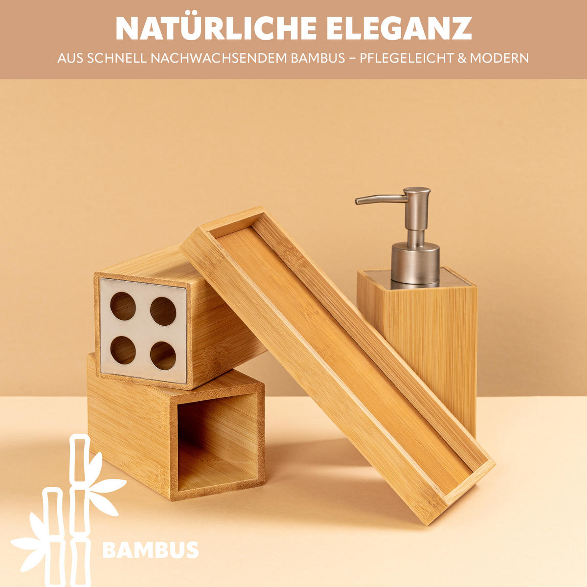 BADEZIMMER 4er-Set, Bambus - Braun, Holz (7/18/8cm) - bremermann