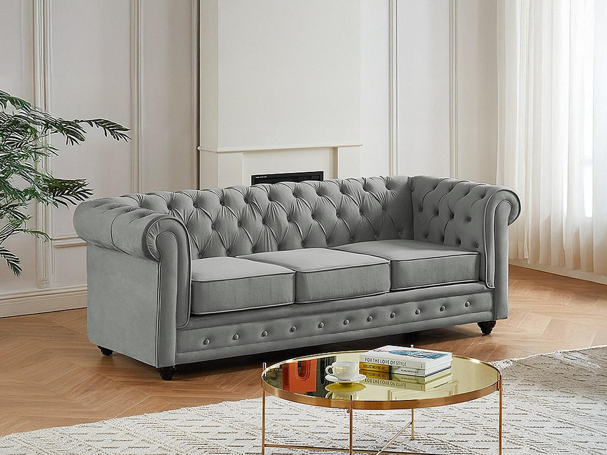 SOFA 3-Sitzer - Samt - Hellgrau - CHESTERFIELD - Hellgrau, Textil (205/72/88cm) - Vente-Unique