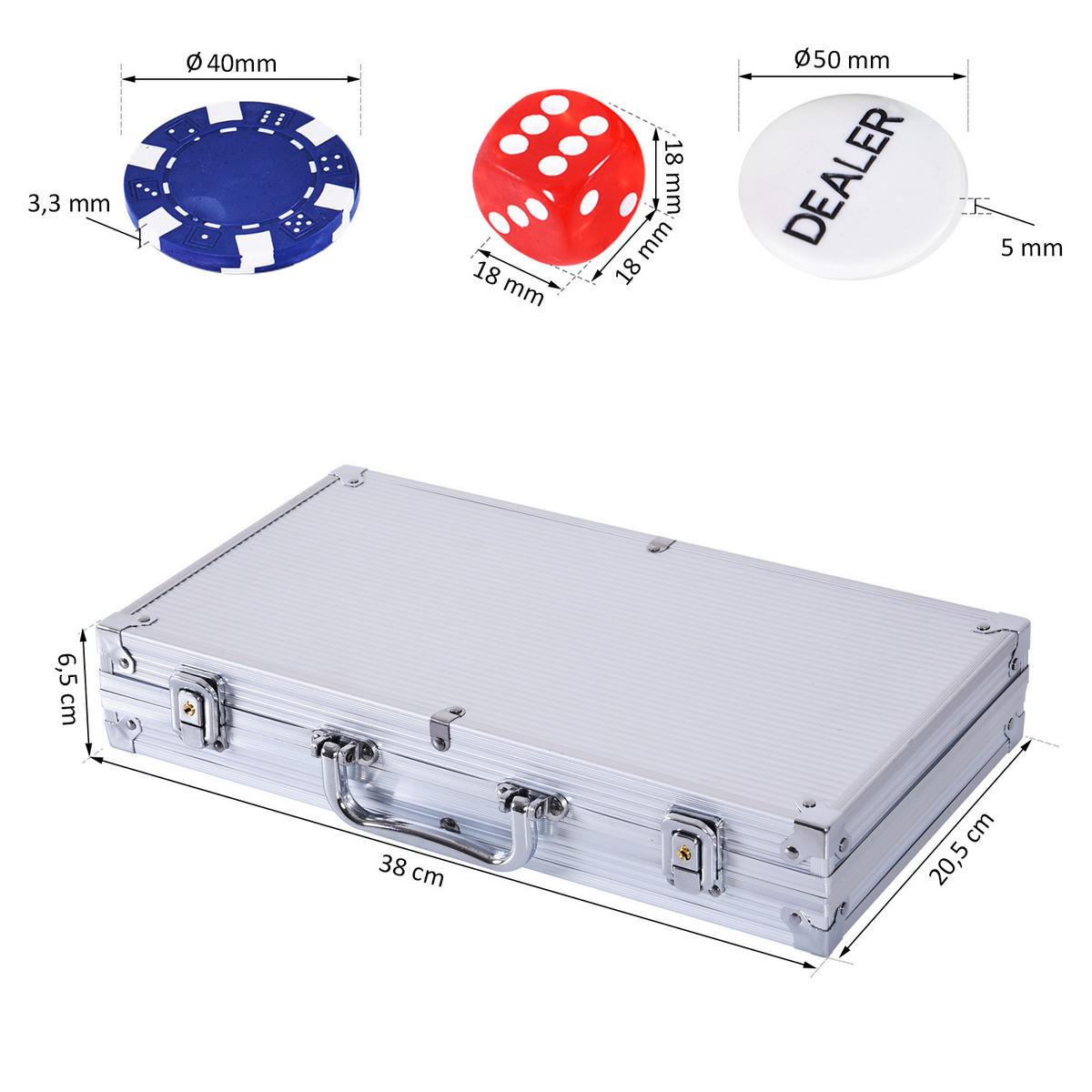 POKERKOFFER Pokerset 300 Pokerchips 5 Farben 2xKartenspiel 5xWürfel 1xAlukoffer - Multicolor, Kunststoff (20.5/38cm) - HOMCOM