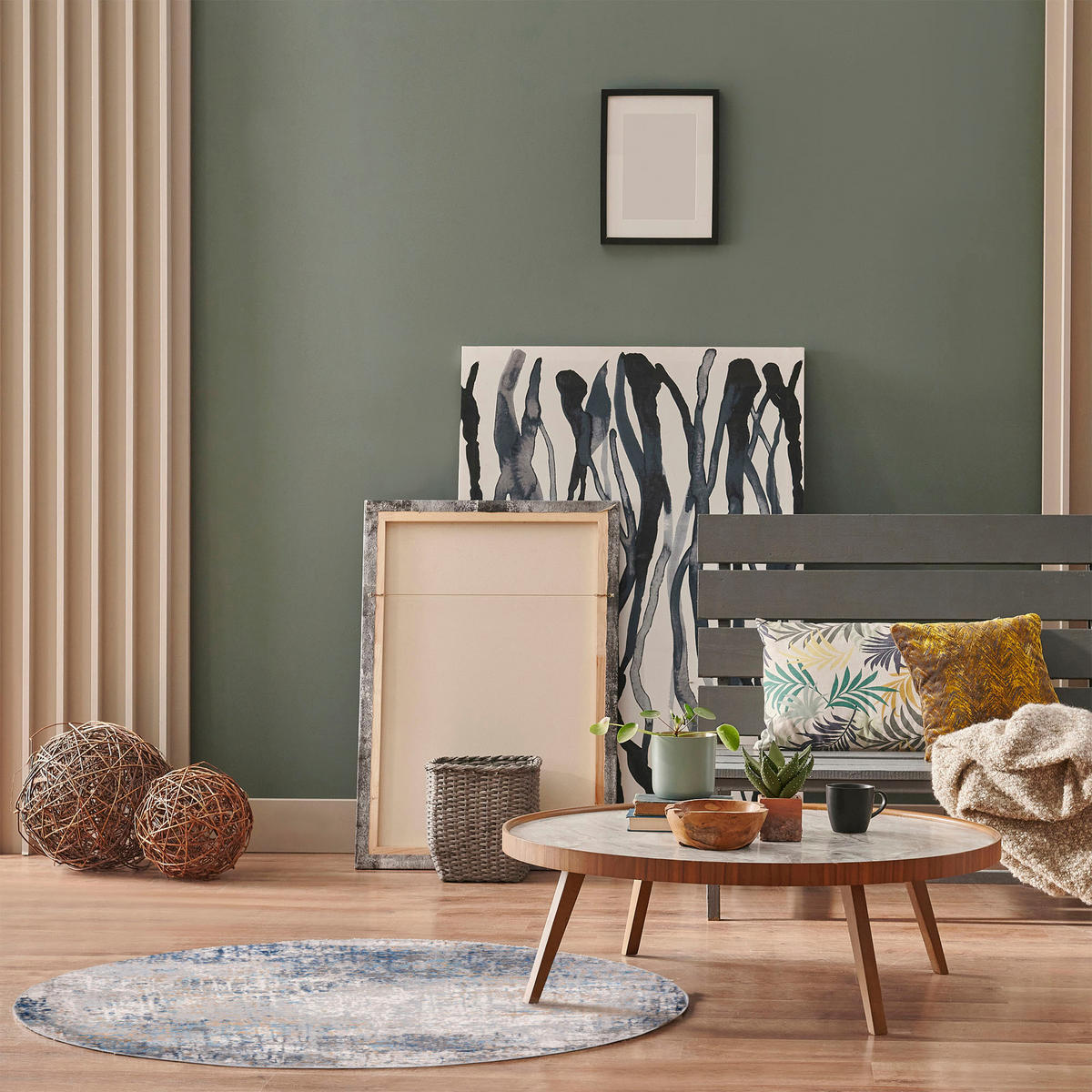 TEPPICH Beige Rund Abstrakt Kurzflor - 120 x 120 cm - Blaugrau, Textil (120/120cm) - Mazovia