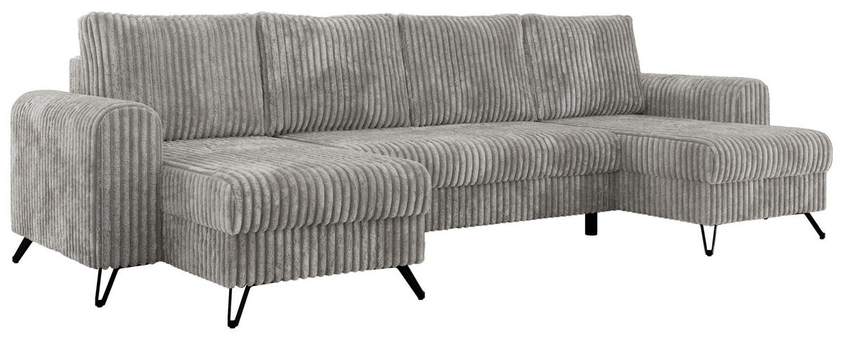 WOHNLANDSCHAFT AXEL U Cord Hellgrau - Hellgrau/Schwarz, Textil/Metall (312/90/140cm) - MKS