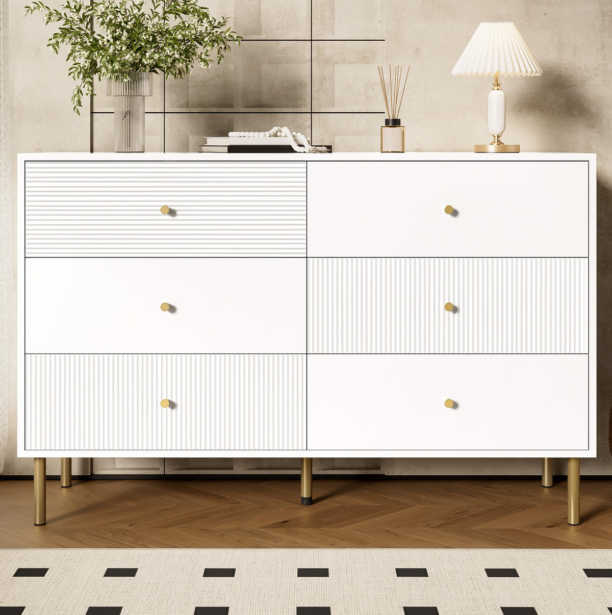 KOMMODE 120/40/78 cm mit 6 Schubladen und Metallbeinen in Weiß - Weiß, Holzwerkstoff (120/78/40cm) - BEAOK