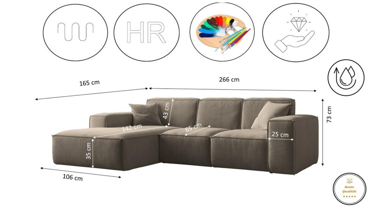 ECKSOFA L-Form Siena Stoff Salvador Dunkelbeige Links - Cappuccino, Holz (165/266cm) - Kaiser Möbel