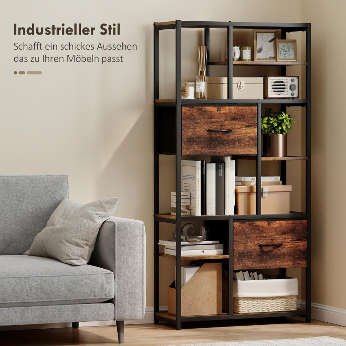 BÜCHERREGAL 72,5/30/150 cm mit 9 offenen Fächern und 2 Stoffschubladen - Braun, Holzwerkstoff (72.5/150/30cm) - BEAOK