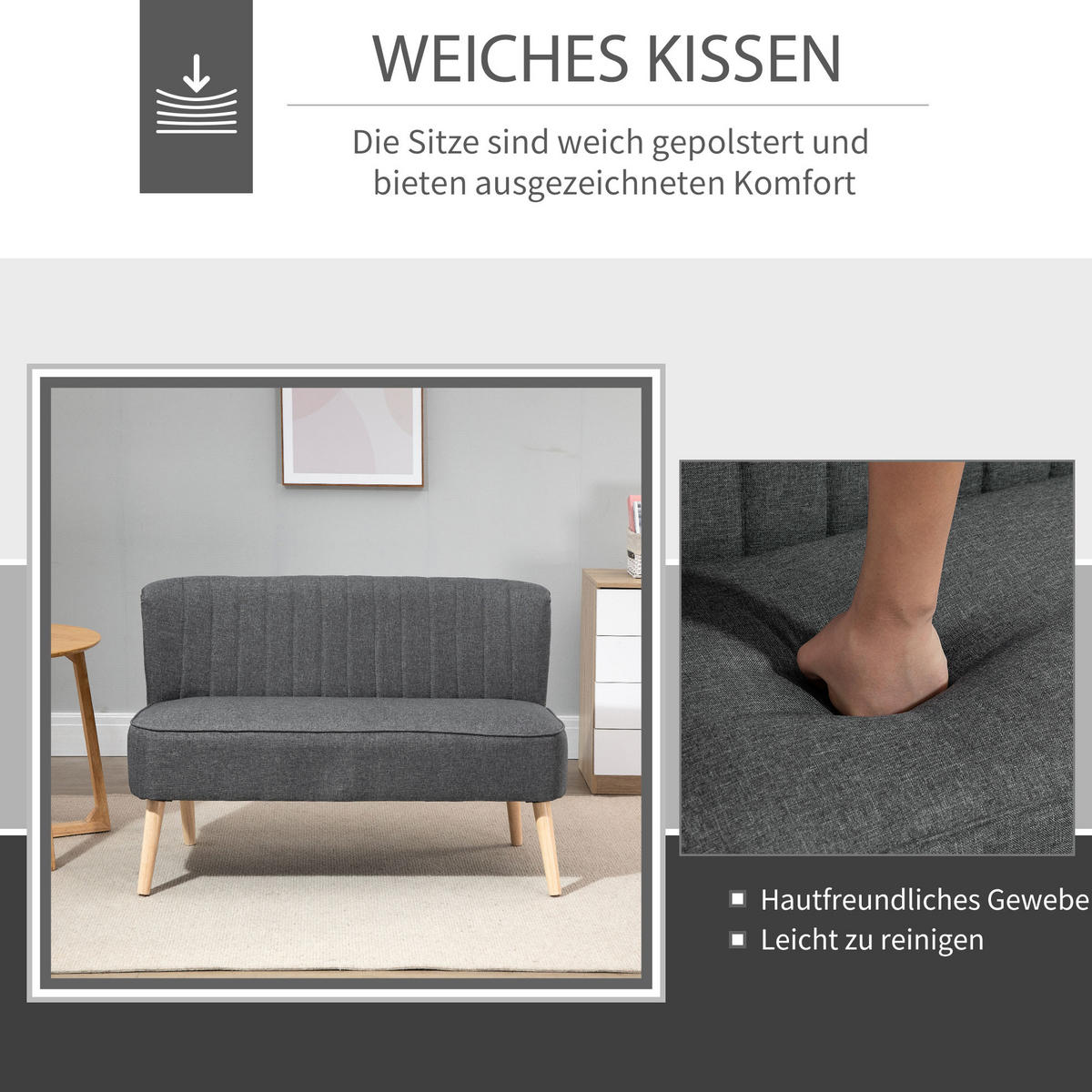 SOFA 2-Sitzer Couch Stoffsofa Sitzmöbel Polstersofa Loungesofa breit Dunkelgrau - Dunkelgrau/Naturfarben, Holz/Textil (56.5/77/117cm) - HOMCOM