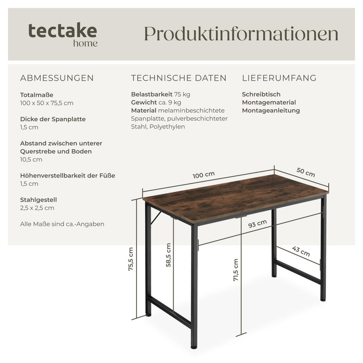 SCHREIBTISCH Jenkins, Höhe 75, 5 cm, Industrial Holz dunkel, rustikal - Rostfarben, Holzwerkstoff (50/100/75.5cm) - tectake