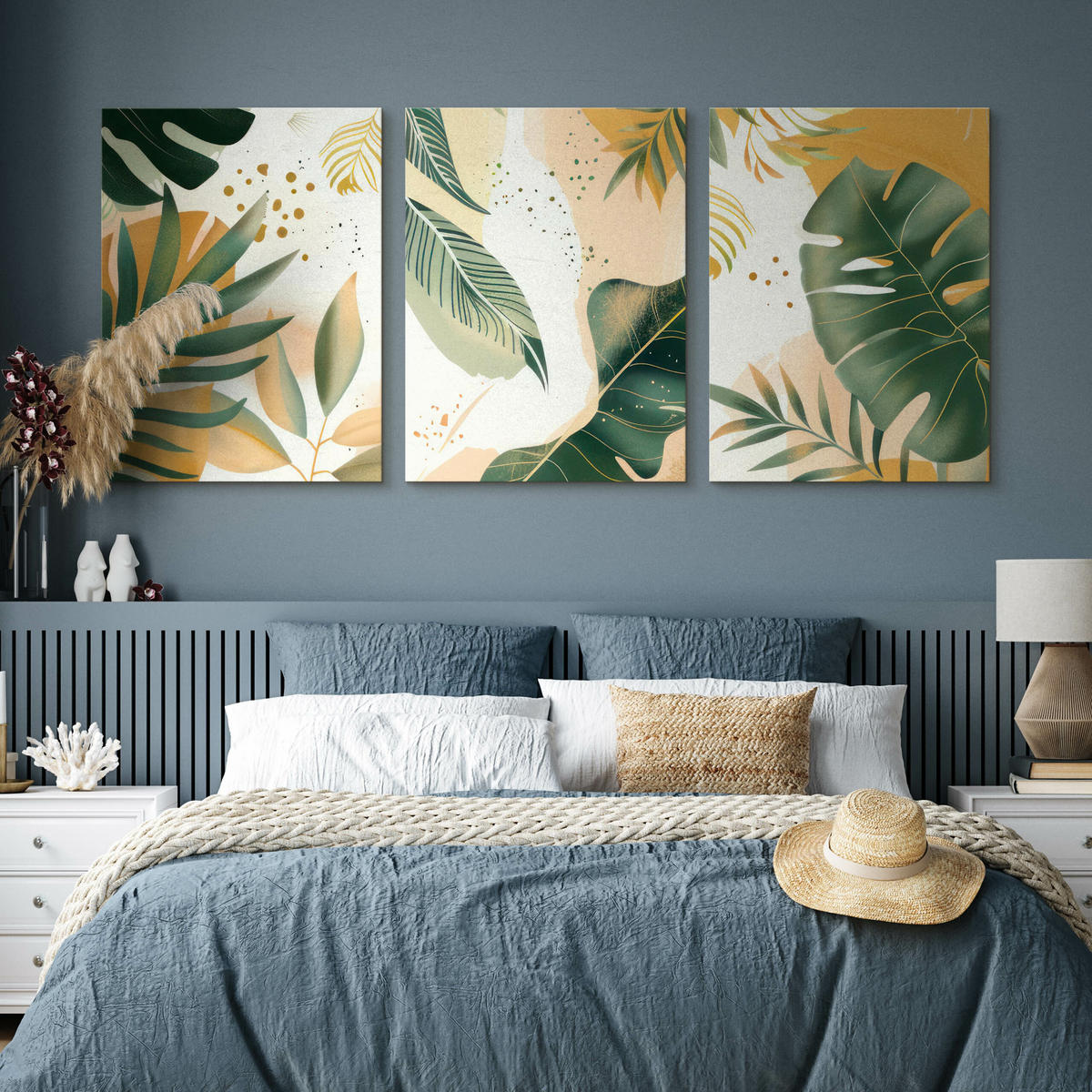 LEINWANDBILDER 3-es Set Blätter Boho - Beige/Weiß, Textil (90/40cm) - Muralo