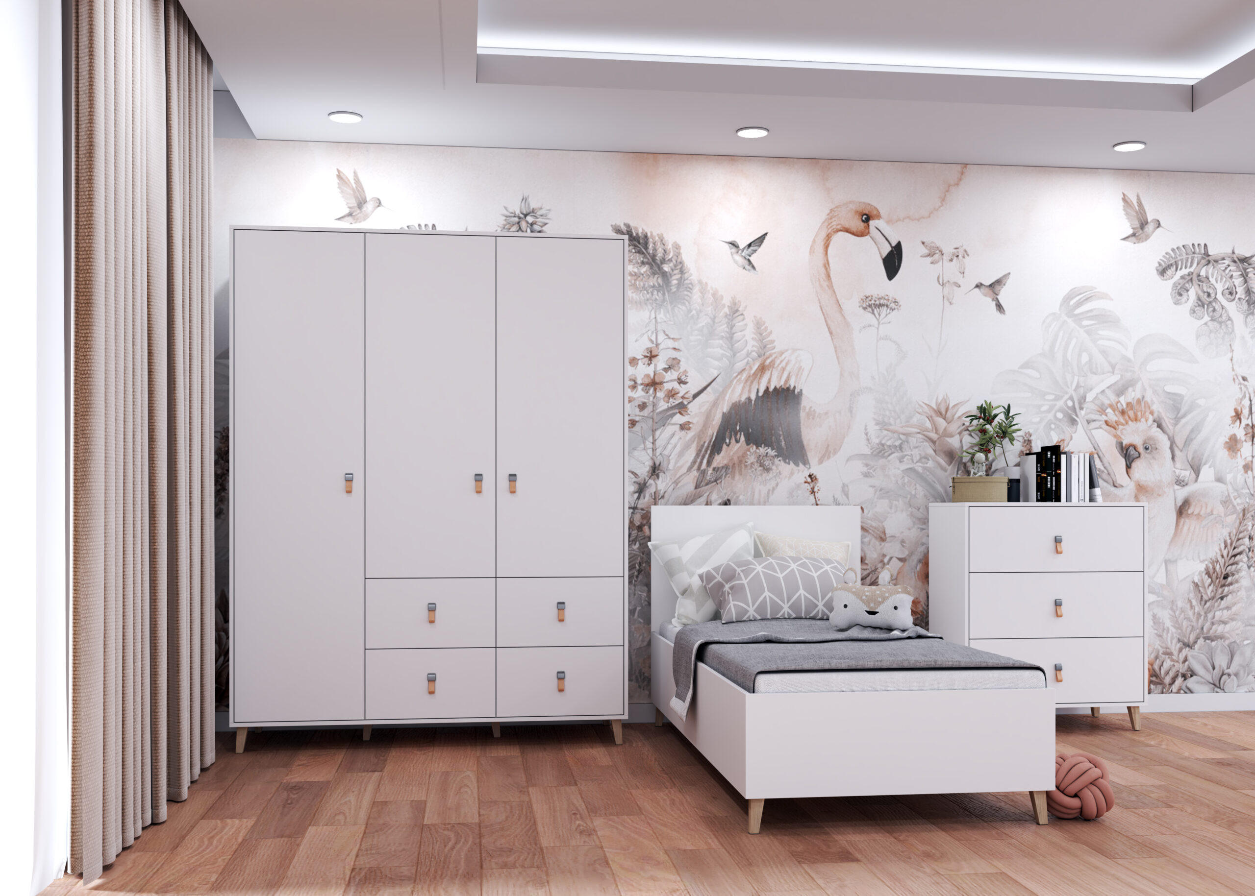 JUGENDZIMMER Svala 3 teilig in Weiß mit modernen Lederschlaufen als Griffe, Skandinavischer Stil - Weiß, Holzwerkstoff (80/200/120cm)