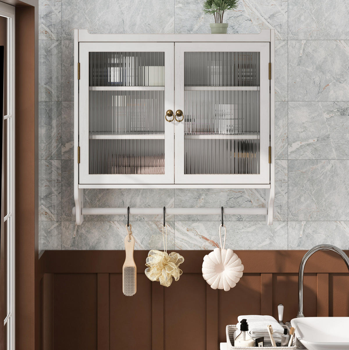 KÜCHENOBERSCHRANK 60/18/63 cm aus Massivholz und MDF mit Riffelglastüren Weiß gewaschen - Weiß, Holz (63/60/18cm) - Modenvie