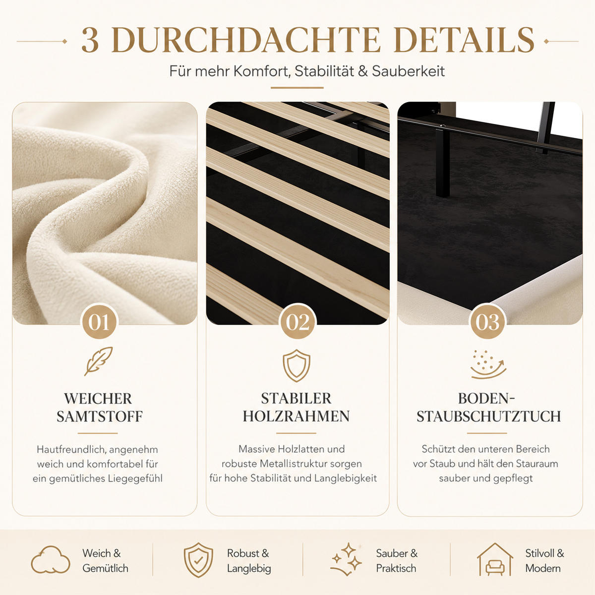 BOXBETT 140/200 mit LED/USB, Kopfteil-Regal & Hydraulik, Samt, Beige - Beige, Holz (140/200cm) - LVHOM