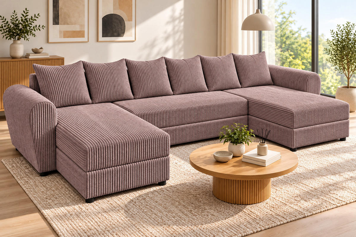 WOHNLANDSCHAFT PUMA U 308 cm – Cord Sofa in U-Form mit Schlaffunktion, Bettkasten und weichem Cordbezug - Mauve/Schwarz, Kunststoff (308/85/140cm)