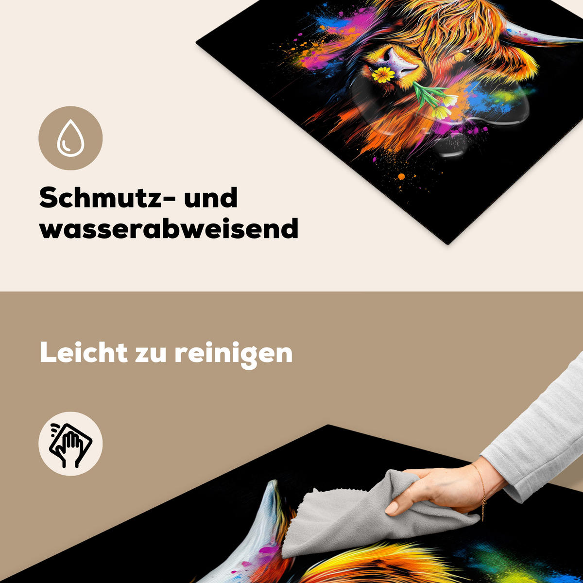 HERDABDECKPLATTE Schottischer Highlander - Graffiti - Bunt - Blume - Tiere Herdabdeckung Induktionsfeld 65x52 cm - Multicolor, Kunststoff (65/52/0.2cm) - MuchoWow