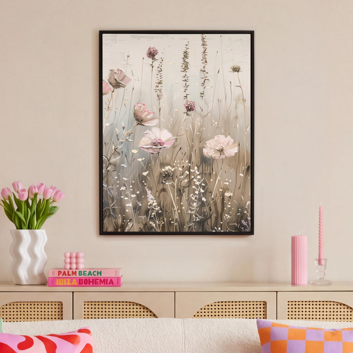 LEINWAND Bilder mit Rahmen - Blumen - Rosa - Modern - Beige - 70x100 - Beige, Textil (70/100cm) - MuchoWow