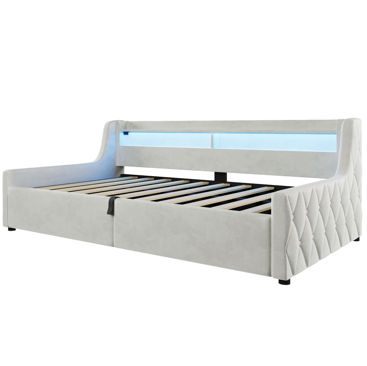 POLSTERBETT 90/200 cm Off White mit LED und Bettkasten ohne Matratze - Beige, Textil (90/200cm) - MIVRAY