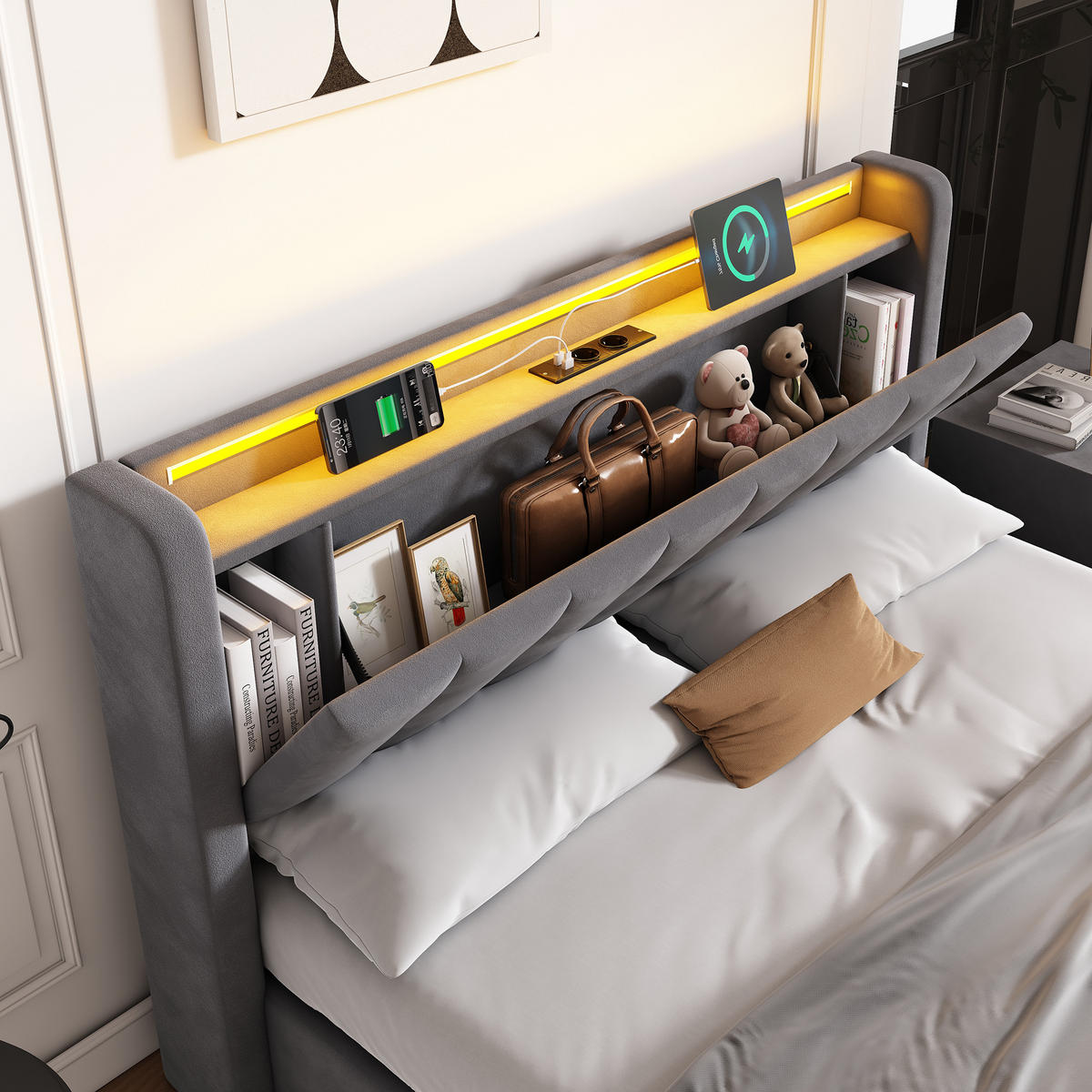 POLSTERBETT 140/200 cm Grau mit LED-Lichtleiste und USB-Anschlüssen - Grau, Holzwerkstoff (140/200cm) - OKWISH