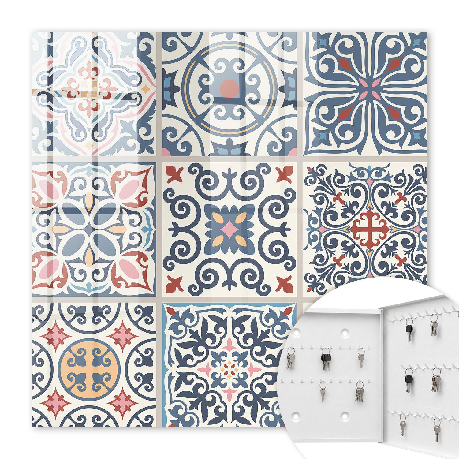 SCHLÜSSELBOX Weiß 30x30 cm – Türöffnung nach rechts - Mosaikmuster - Blau, Metall (30/30/5cm) - TULUP