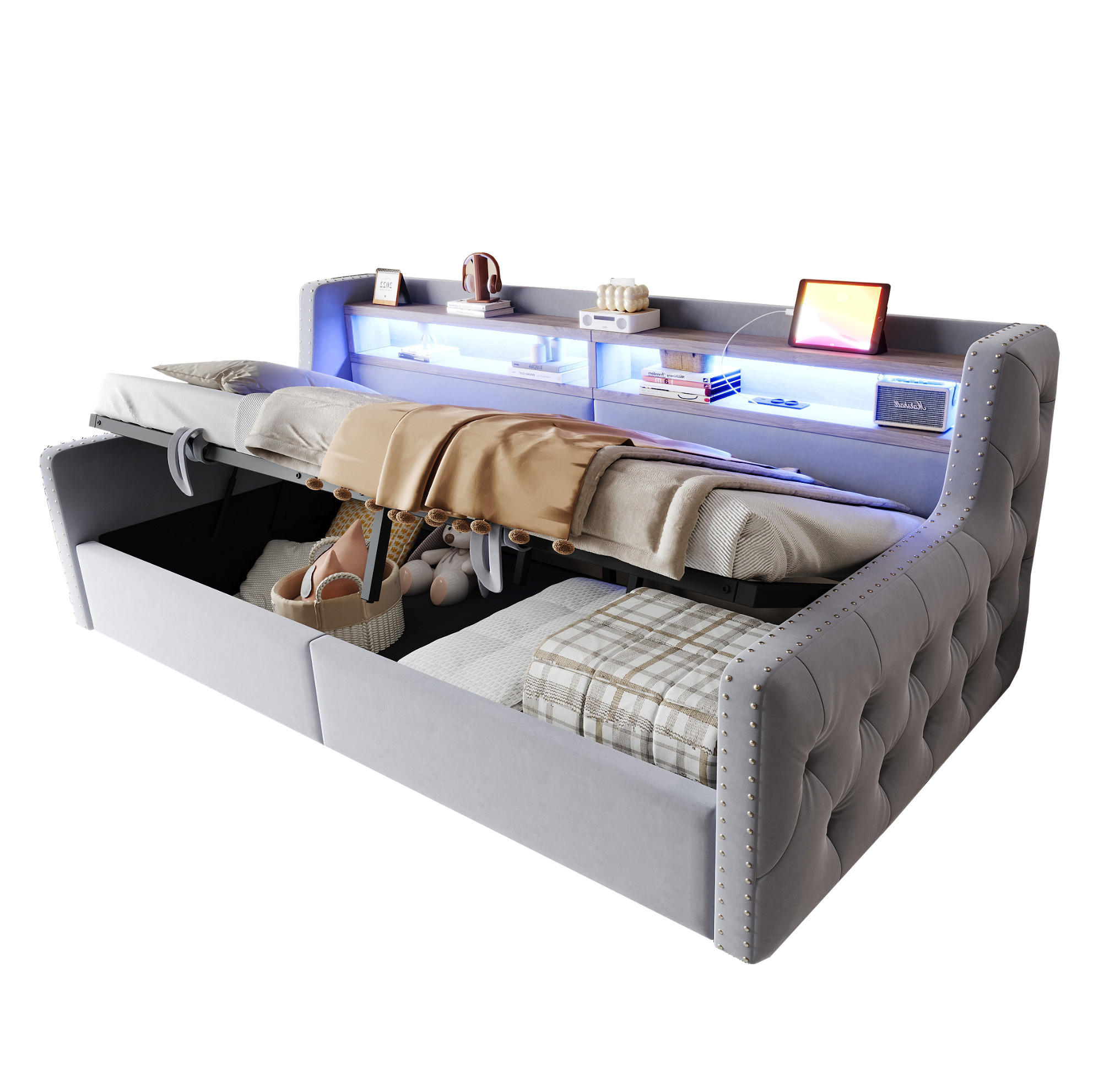 POLSTERBETT 90/200 cm aus Samt mit LED, Stauraum und Ladeanschlüssen Hellgrau - Hellgrau, Textil (90/200cm) - Modenvie