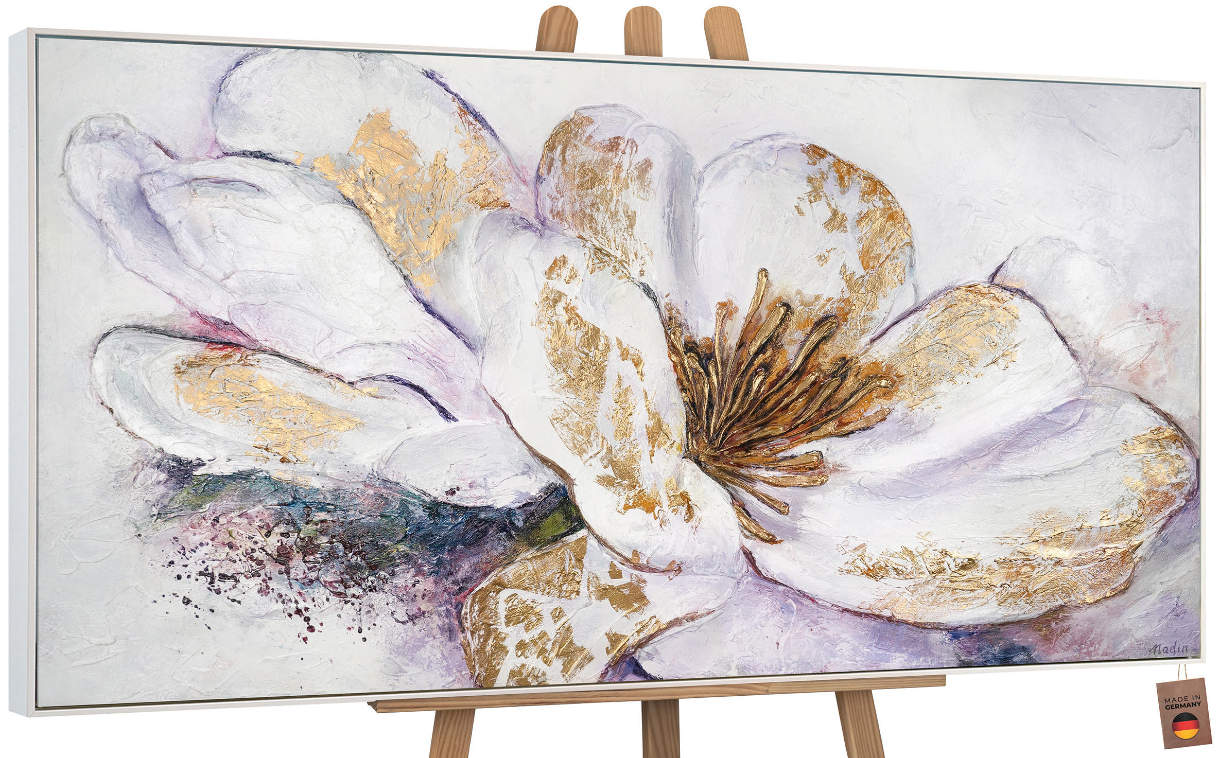 GEMÄLDE Goldene Pfingstrose Schattenfugenrahmen Weiß 200x100 cm - Weiß, Holz (200/100cm) - YS-art gallery