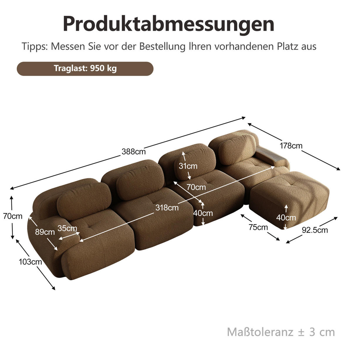 ECKSOFA in Braun mit 32D-Schaum 388/178/70 cm, Cord und ohne Montage - Braun, Textil (178/388cm) - Modenvie
