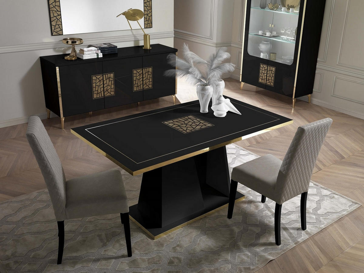 ESSTISCH STELLA in Schwarz/Gold - Schwarz Hochglanz/Goldfarben, Holzwerkstoff (90/160/77cm) - Interdesign24