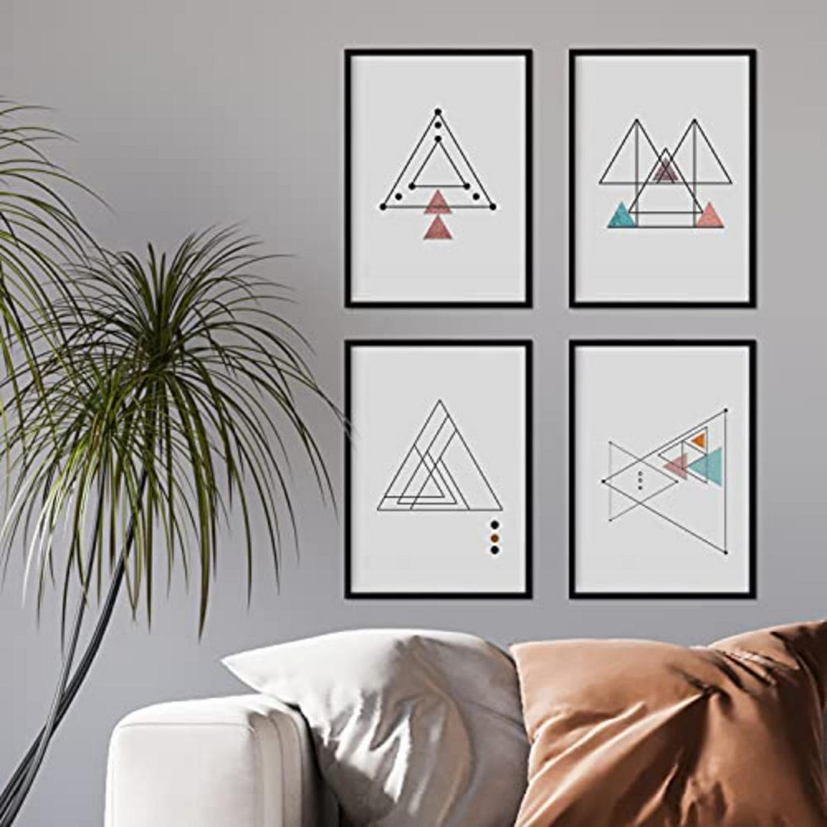 POSTER Set mit 4 dünne Linien Nordischen Dreiecke geometrische Blätter in Rot und Blau A4 Schwarzer Rahmen - Schwarz, Papier (29.7/3cm) - Nacnic