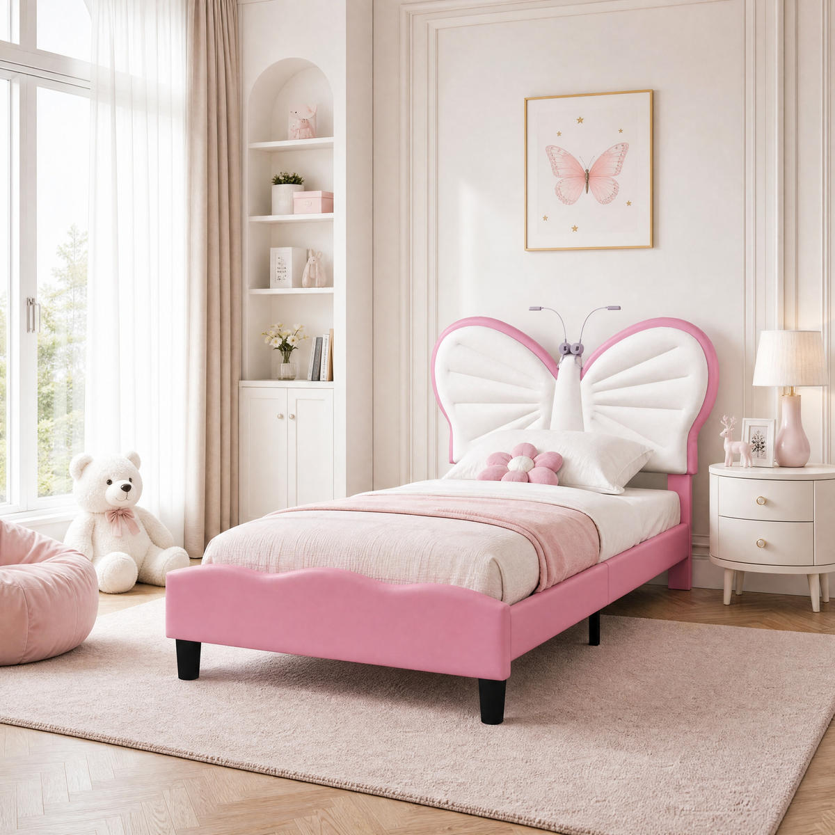POLSTERBETT 90x200cm rosa/weiß Schmetterling, Leselampe, Kopfpolster - Pink/Naturfarben, Leder/Holz (90/200cm)