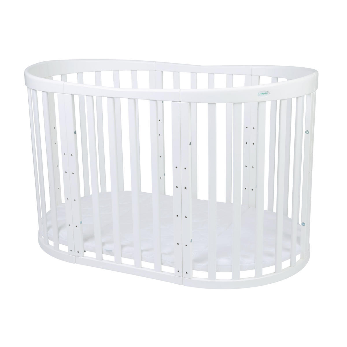 BABYBETT WHITE OVAL 7in1 mit Matratze - Weiß, Holz/Textil