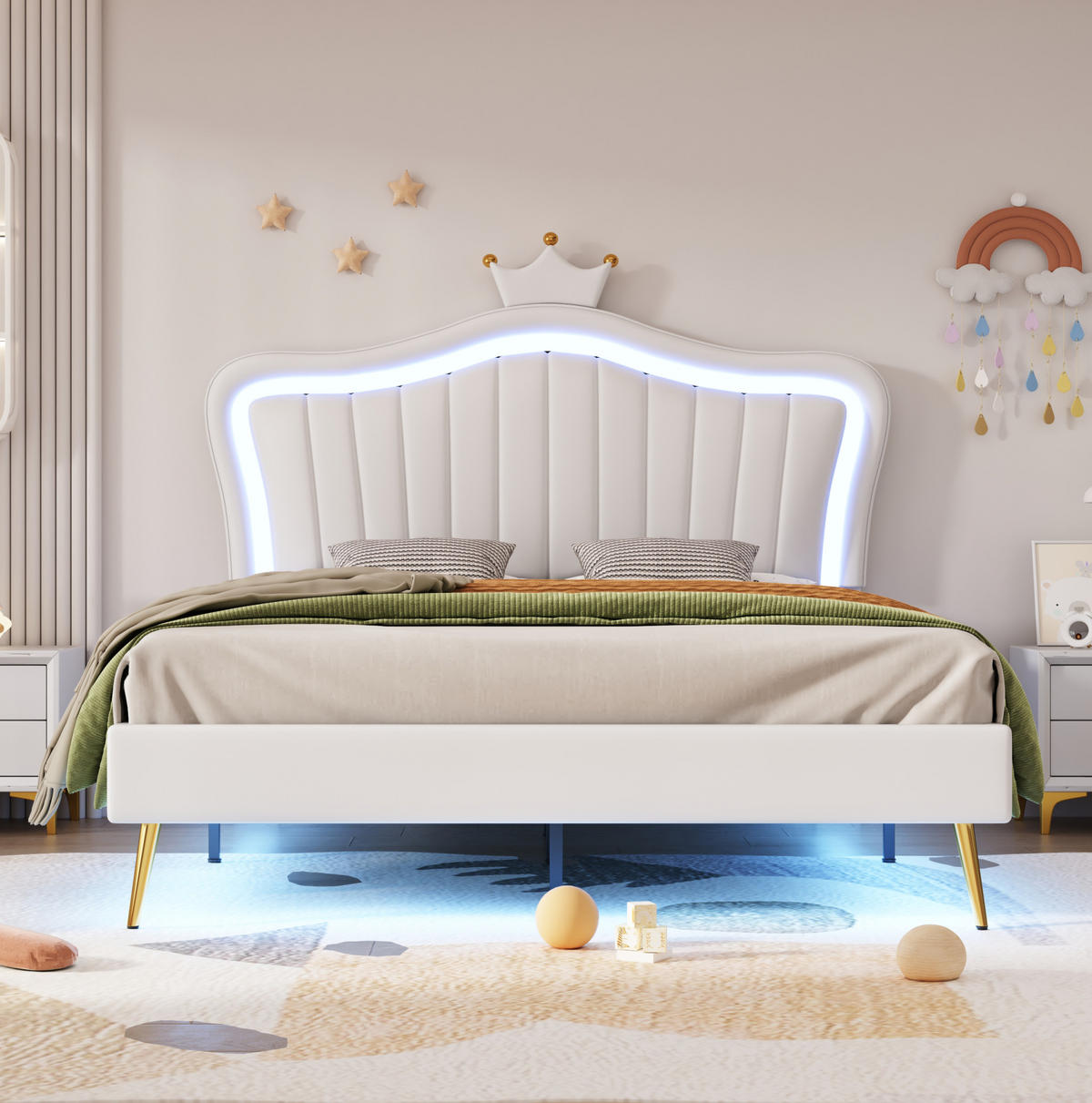 KINDERBETT Polsterbett 140/200 cm aus Kunstleder mit Muschel-Kopfteil, Krone und LED-Beleuchtung Weiß - Weiß, Textil (140/200cm) - Modenvie