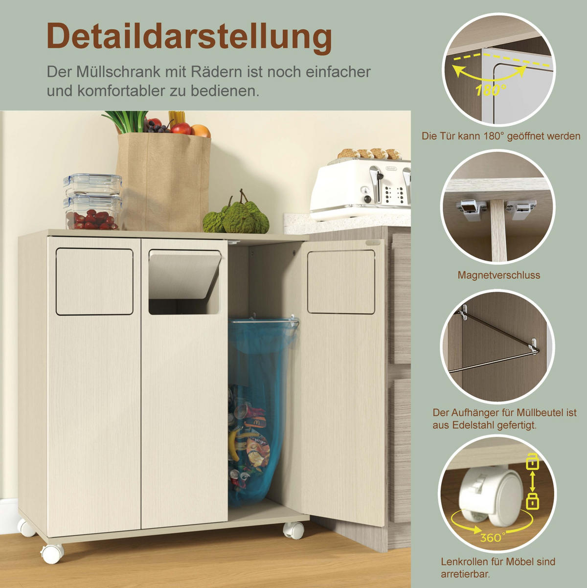 KOMMODE 69,3/35/80 cm aus MDF mit 3 Fächern, 180°-Türen und Rollen, Weiß - Weiß, Holzwerkstoff (70/80/35cm) - Redom