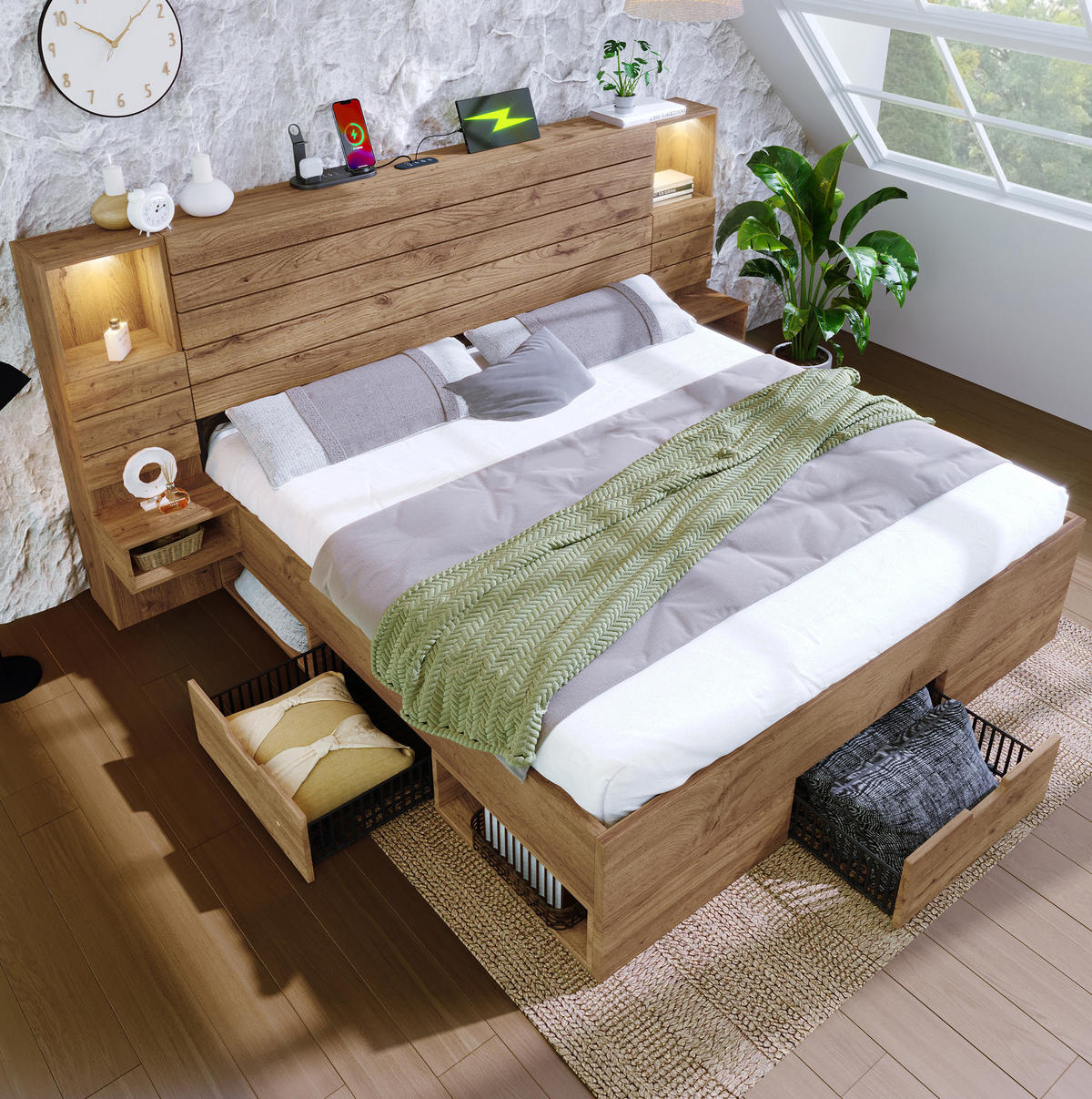 POSTEL 180/200 cm s LED osvětlením, USB a USB-C porty, úložným prostorem a závěsnými nočními stolky, Dub - barva dubu, kompozitní dřevo (180/200cm) - Redom
