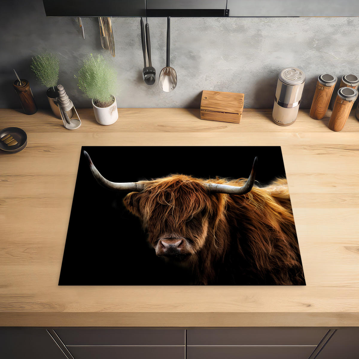 HERABDECKPLATTE - Schottischer Highlander - Hörner - Schwarz - Tiere - Natur - Wild - Kuh - 65x55 - Cognac, Kunststoff (65/55/0.2cm) - MuchoWow