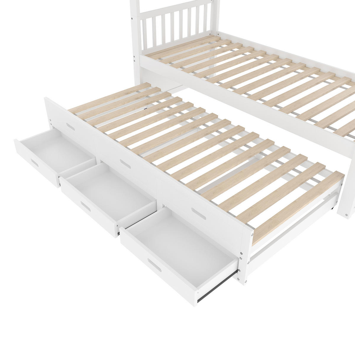 ETAGENBETT aus Kiefernholz & MDF 90x200 cm in Weiß mit Ausziehbett & 3 Schubladen - Weiß, Holz (90/200cm) - Modfu