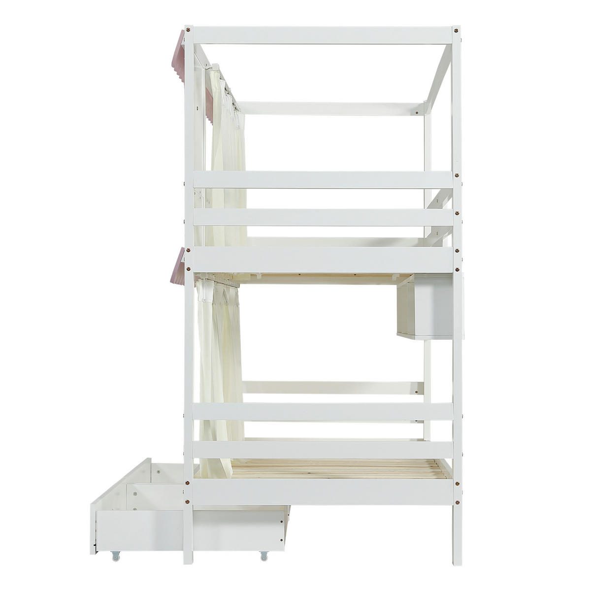 ETAGENBETT Kinder 90x200 Weiß+Rosa mit Fenster, Vorhängen und Stauraum - Weiß, Holz (90/200cm) - ComfortXL