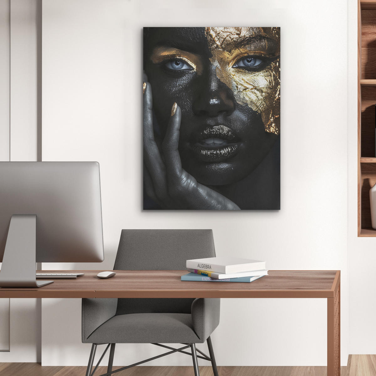 AKUSTIKPANEEL Frau - Gold - Porträt - Schwarz-Weiß - Luxus 60x80 cm - Hellblau, Textil (60/0.9/80cm) - MuchoWow