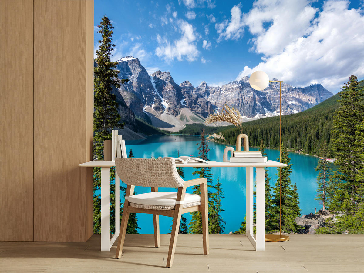 FOTOTAPETE See Berge Wald Landschaft 3D 400x280 - Türkis/Blau, Papier (400/280cm) - Muralo