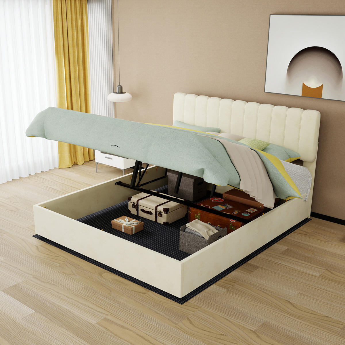 STAURAUMBETT 160/200 cm DE-35399 mit Gaslift-Staufach Beige - Beige, Metall (160/200cm) - ComfortXL