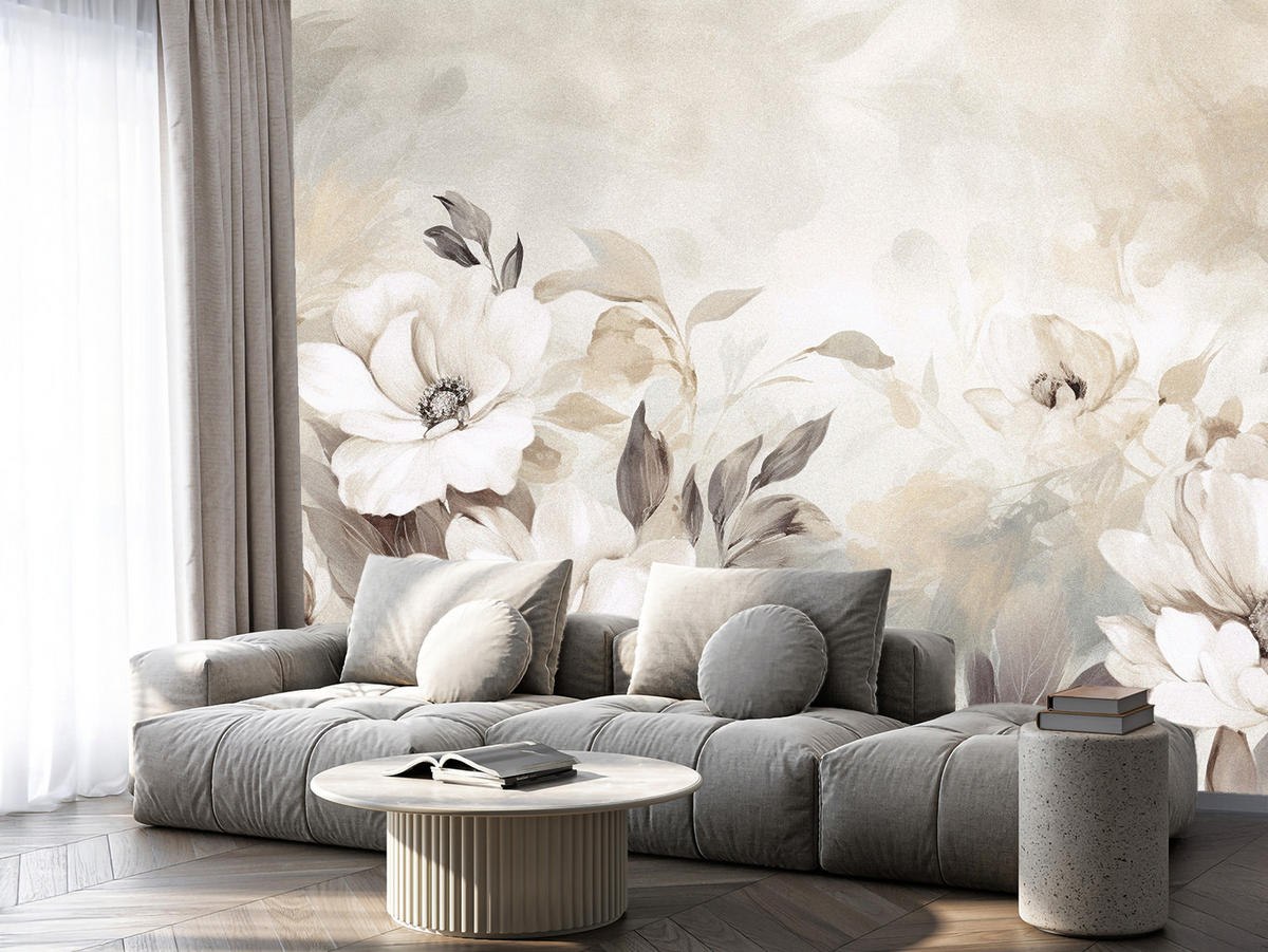 FOTOTAPETE für Schlafzimmer Abstrakte Creme Blumen Aquarell 350x256 - Beige/Braun, Papier (350/256cm) - Muralo