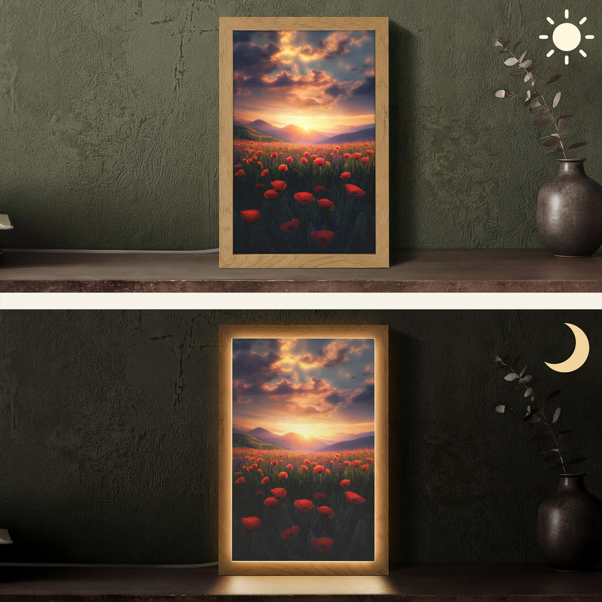 TISCHLEUCHTE Landschaft - Sonnenuntergang - Blumenfeld 20x30 cm - Dunkelblau, Holzwerkstoff (8/20/30cm) - OnlyWow
