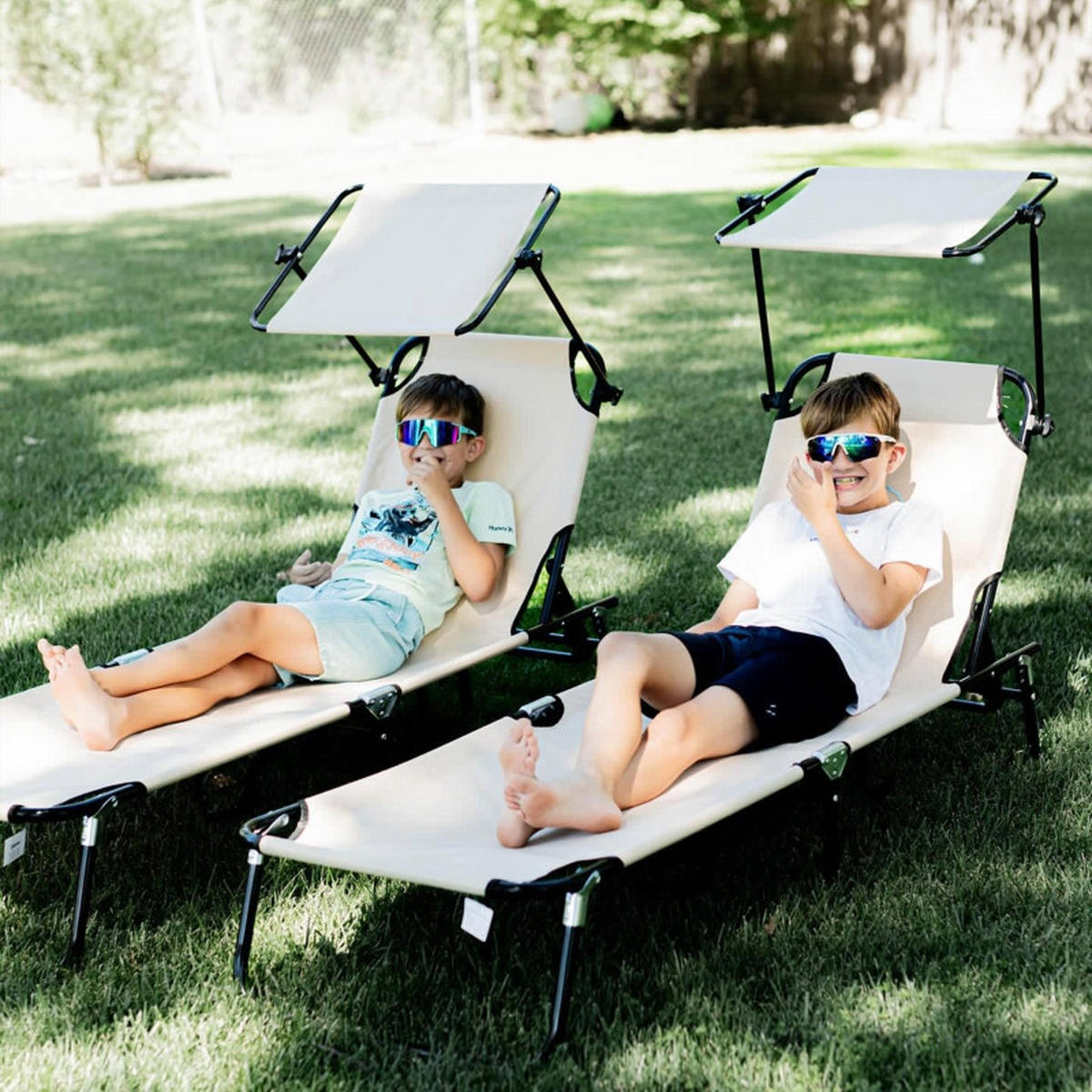 2ER Set Sonnenliege aus Metall 190x56x28 cm in Braun mit Sonnendach - Braun, Metall (56/28/190cm) - Modfu