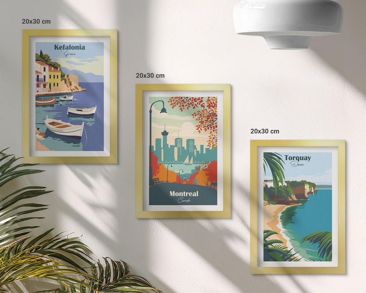 WANDBILDER 3er Set - 20x30 cm Goldrahmen - Stadtansichten aus Griechenland, Kanada und Australien - Goldfarben, Kunststoff (20/30cm) - ArtPrintCave