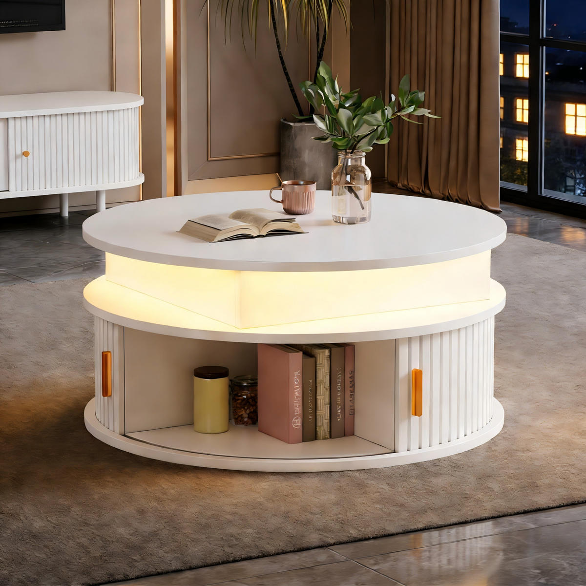 COUCHTISCH 75/75/52 cm höhenverstellbar mit LED-Beleuchtung, Rollladentüren und Stauraum aus MDF, Weiß - Weiß, Holzwerkstoff (75/75/52cm) - Redom