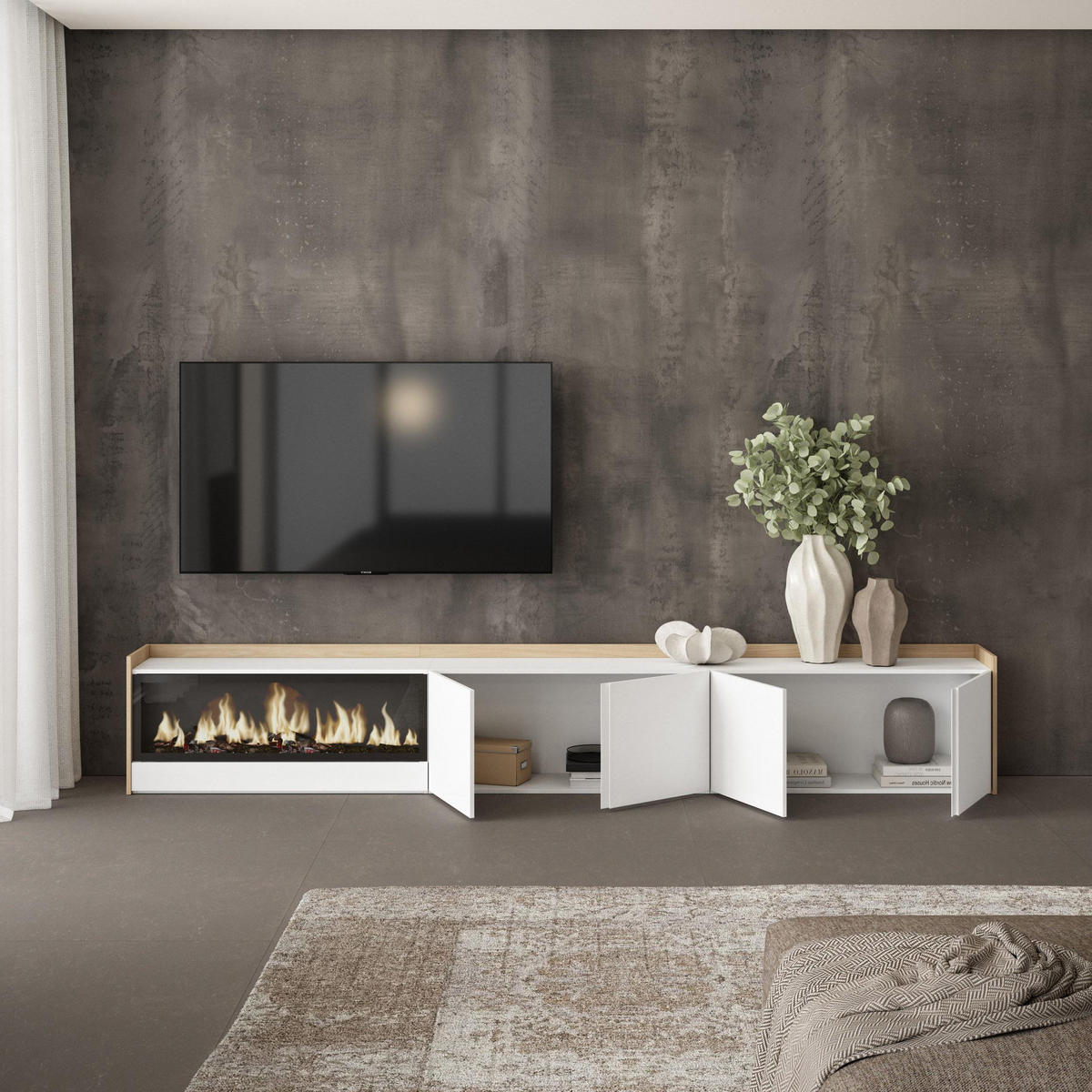 LOWBOARD, Weiß und Eiche, 315/35/50cm, Kamin mit Feuereffekt XXL - Weiß, Holzwerkstoff (315/50/35cm) - Skraut Home