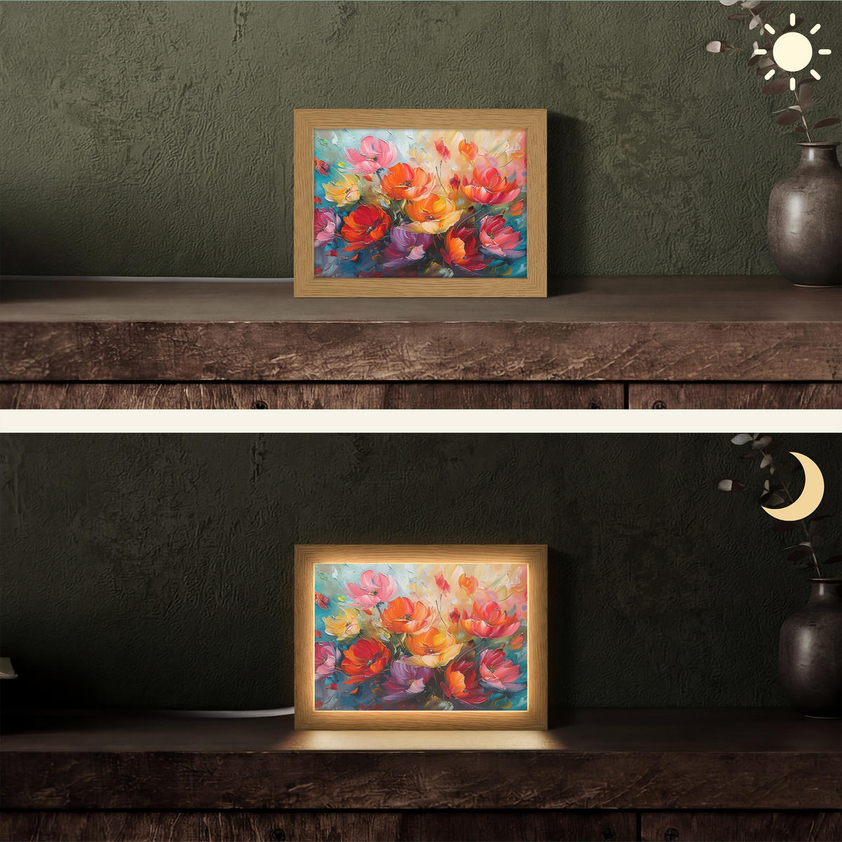 STOLNÍ LAMPA Květiny - barevné - malba - abstraktní - umění 20x15 cm - barva hliníku, kompozitní dřevo (8/20/15cm) - OnlyWow