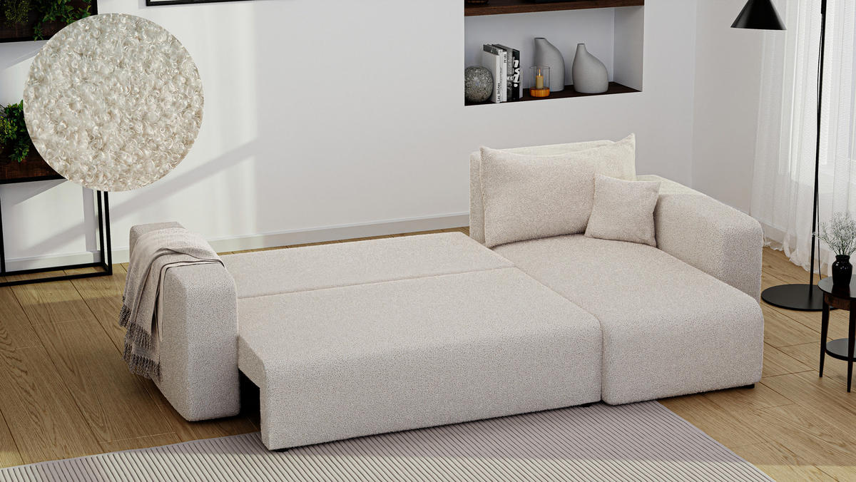 ECKSOFA Creme in Bouclé, Teddystoff mit Bettkasten - Creme, Textil (248/145cm) - Idohome