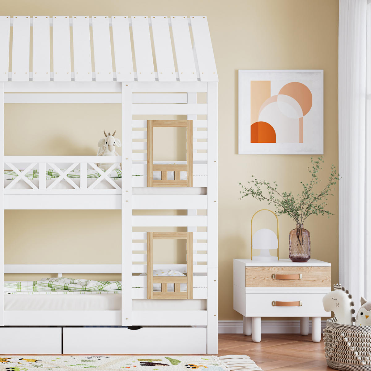ETAGENBETT aus MDF 90x200 cm Weiß/Natur mit Fenstern, Stauraumtreppe und 2 Schubladen - Weiß, Holzwerkstoff (90/200cm) - Modfu