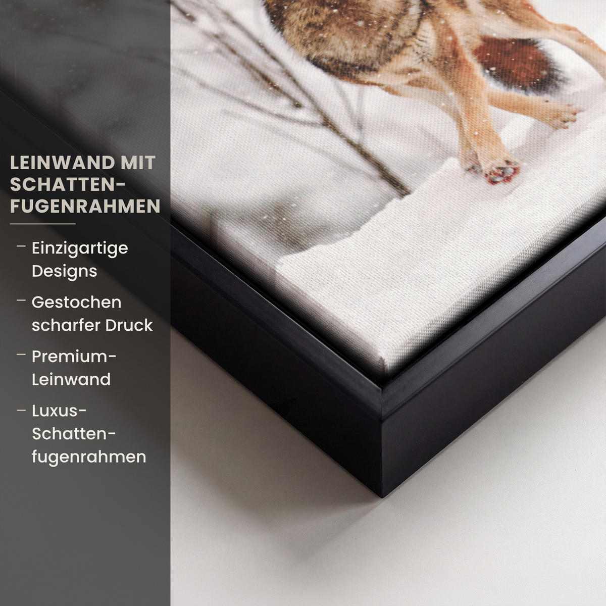 LEINWAND Bilder mit Rahmen - Wolf - Winter - Schnee - Natur - Tiere - 30x20 - Haselnussfarben, Textil (30/20cm) - MuchoWow
