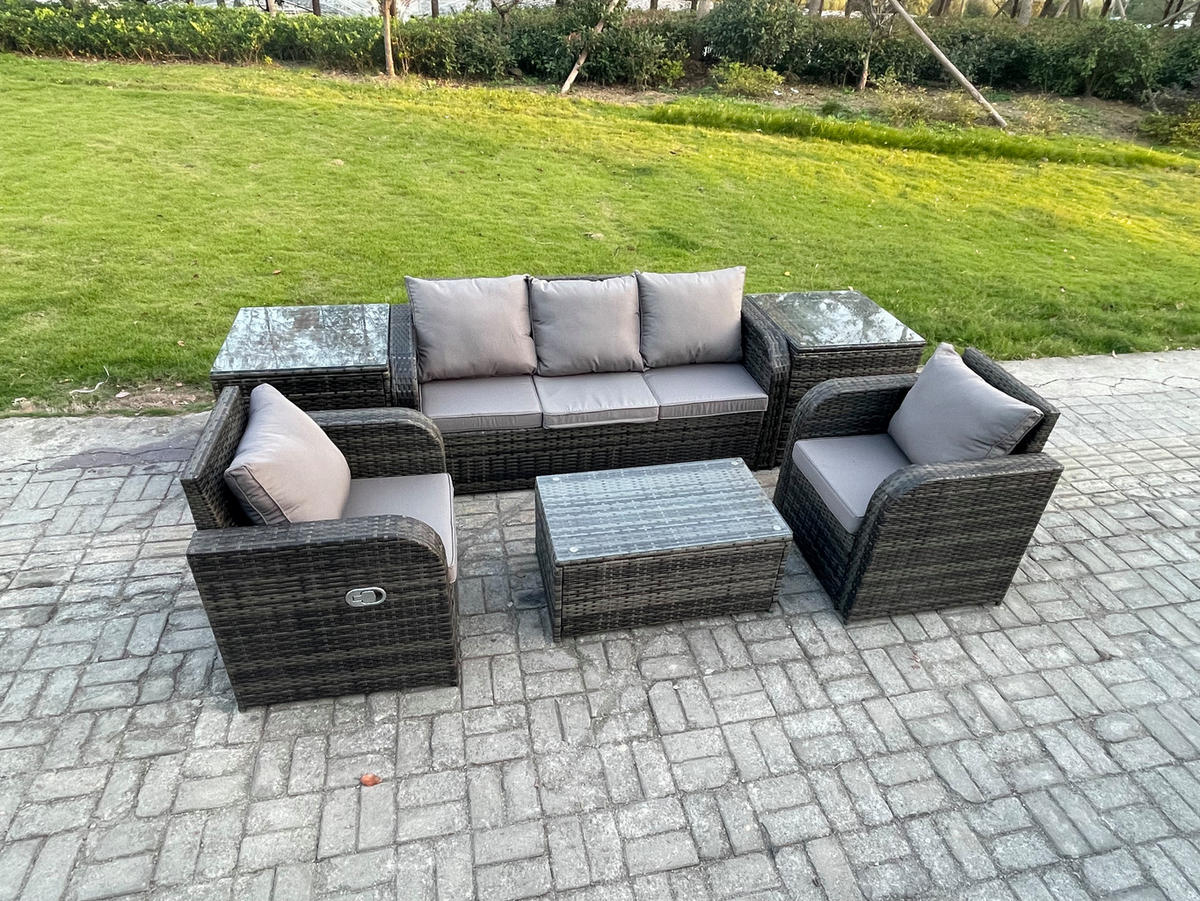 GARTENMÖBELSET mit Couchtisch Polyrattan 5-Sitzer - Dunkelgrau/Grau, Glas/Kunststoff - Fimous